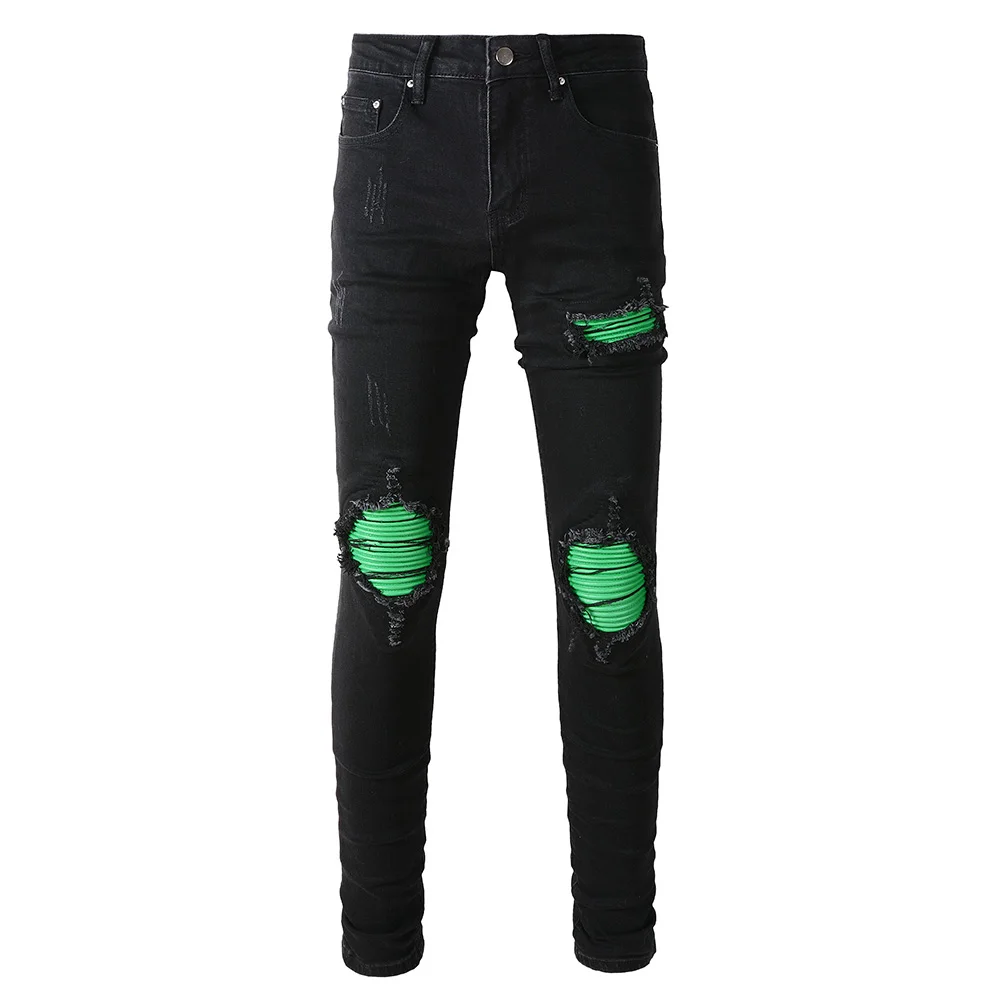 Men Neon Green Leather Patch Denim Jeans Streetwear Skinny Tapered Biker Pants Holes Ripped Black Trousers