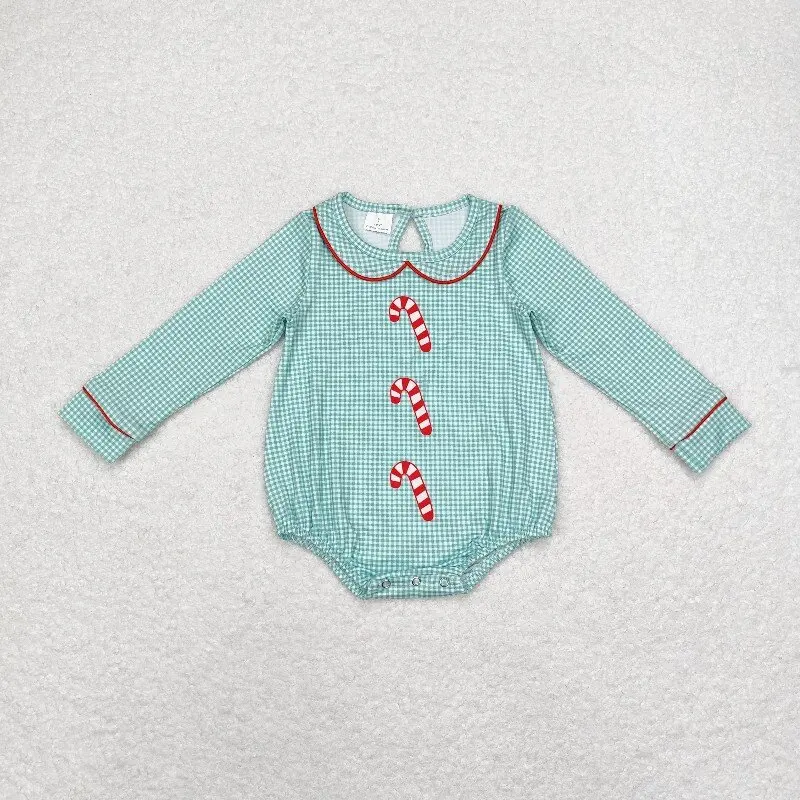 

8.18y Girls Christmas Romper Candy Cane Green Plaid Baby Doll Collar Long Sleeve Onesie Wholesale Boutique Baby Clothes