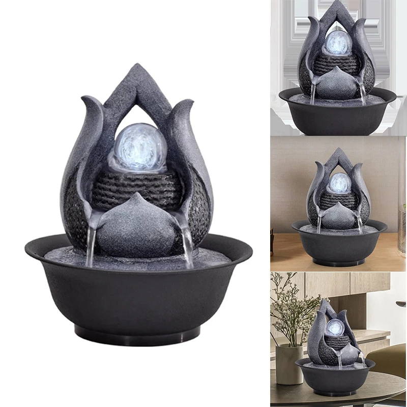 Indoor Electric Tabletop Fountain With LED Lights Decorative Tiered Rock And Waterfall Design Quiet & Soothing