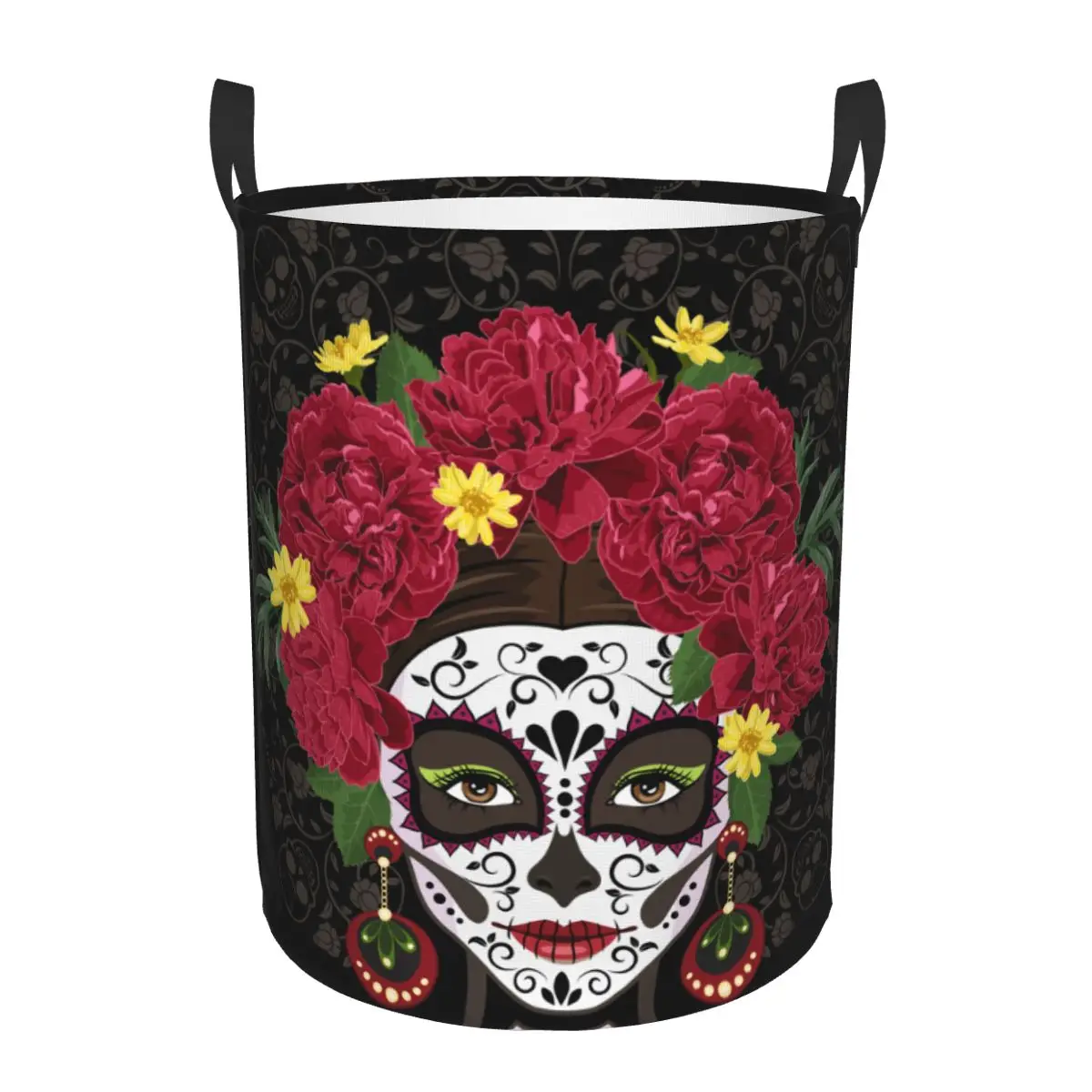 Santa Muerte In A Wreath Laundry Basket Waterproof Foldable Dirty Clothes Basket Toys Storage Bin Large Circular Laundry Hamper