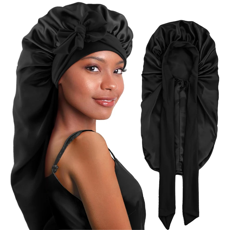 New Long Bonnet Elastic Satin Silky Sleep Cap For Women Hair Care Bonnets with Stretchy Tie Band Sleep Cap for Braids Curly Hair