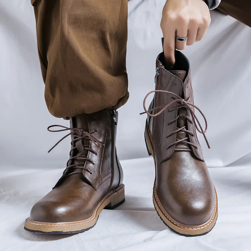

British stylish mens casual cowboy boots lace-up black brown shoes outdoors desert boot street style handsome ankle botas hombre
