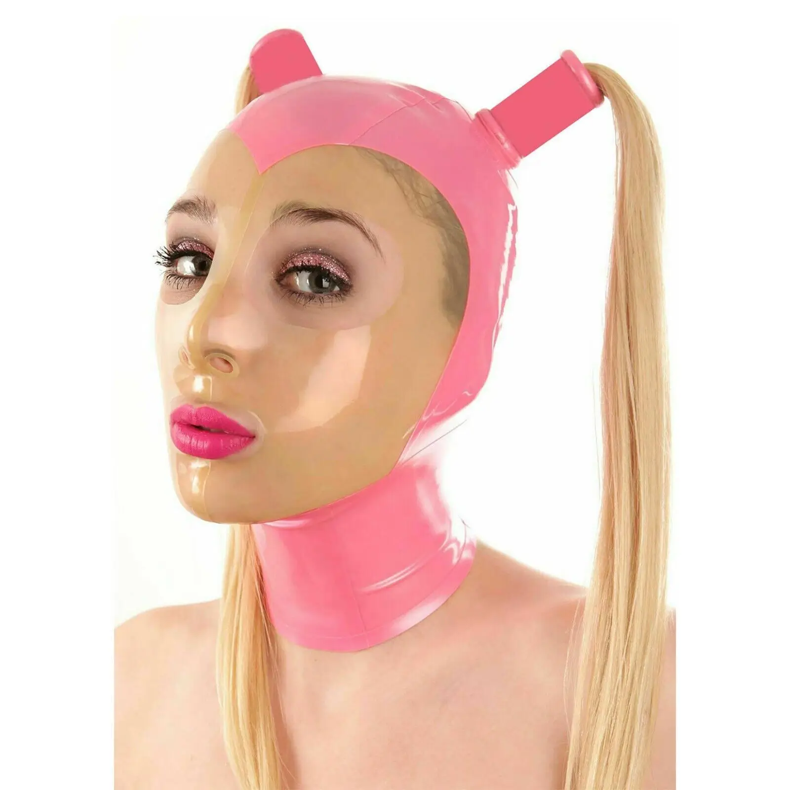 

Latex Cover Rubber Mask Transparent Face with Double Wig Fetish Cosplay