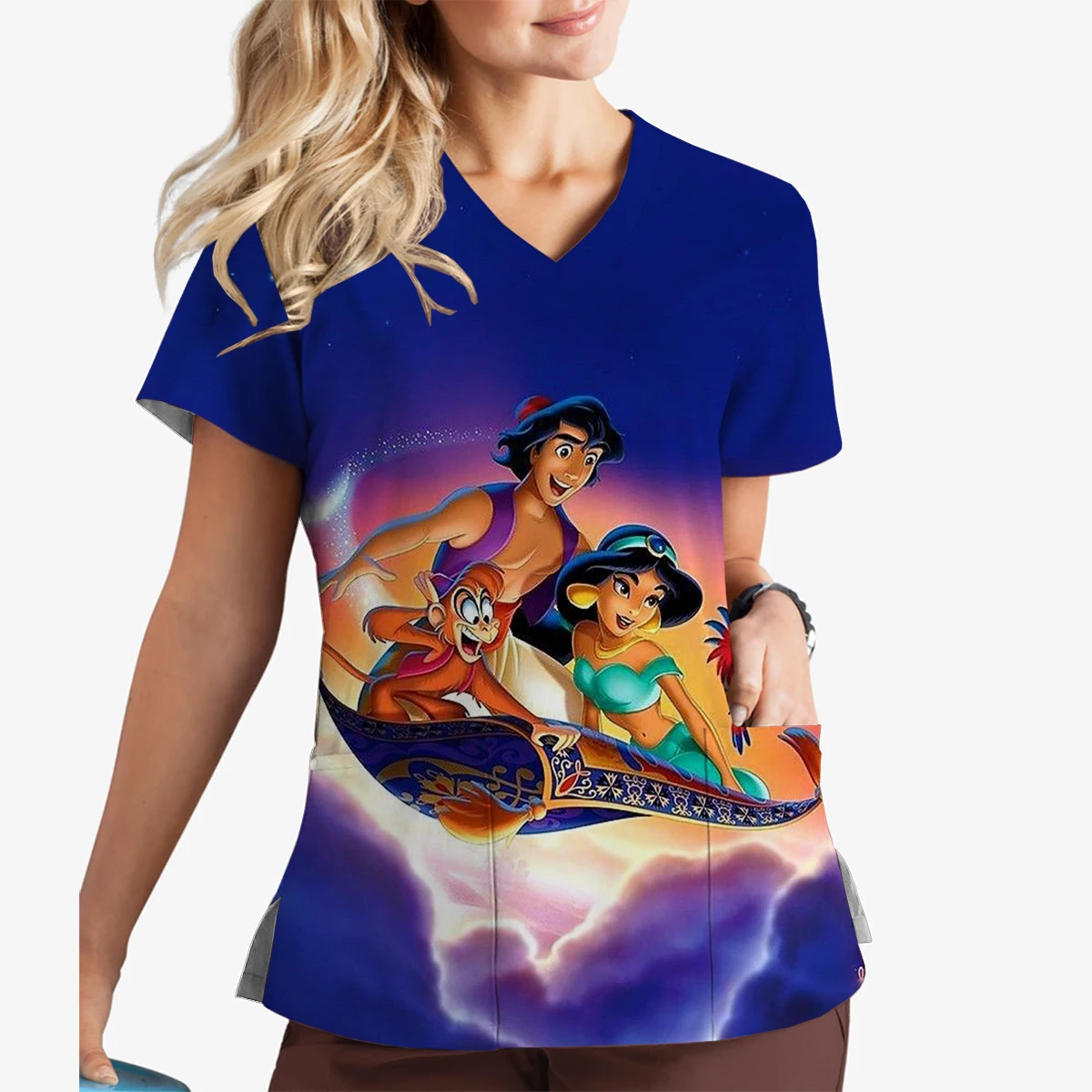 2024 New Princess Jasmine Print V-Neck Print Scrub Top Short Sleeve Top Hospital Nurse Caregiver Pet Shop Work Uniform