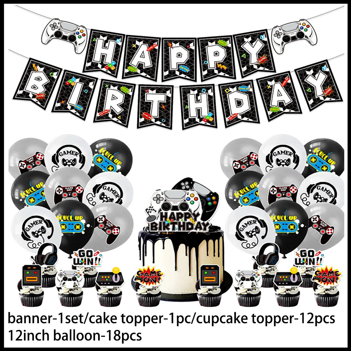 Black and White Video Game On Theme Birthday Party Disposable Tableware Sets Plate Cup Balloons For Kids Boys Game Party Decor