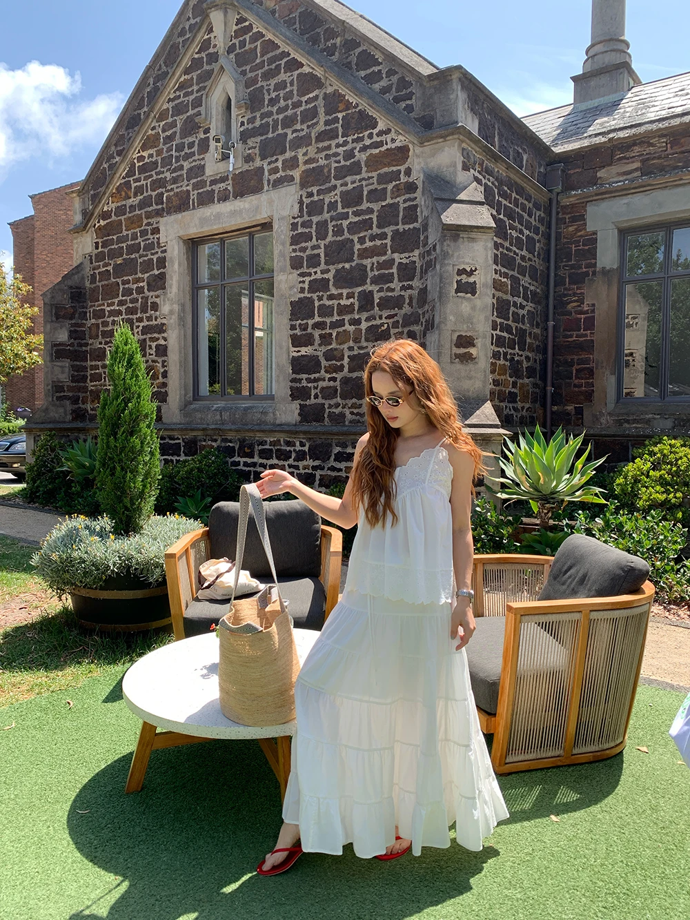 

Spring 2026 New Open Elegant Vacation Style Set Women's Sweet Anti-Aging Hollow out Strap Cake Half Skirt Two-Piece Cotton Suit