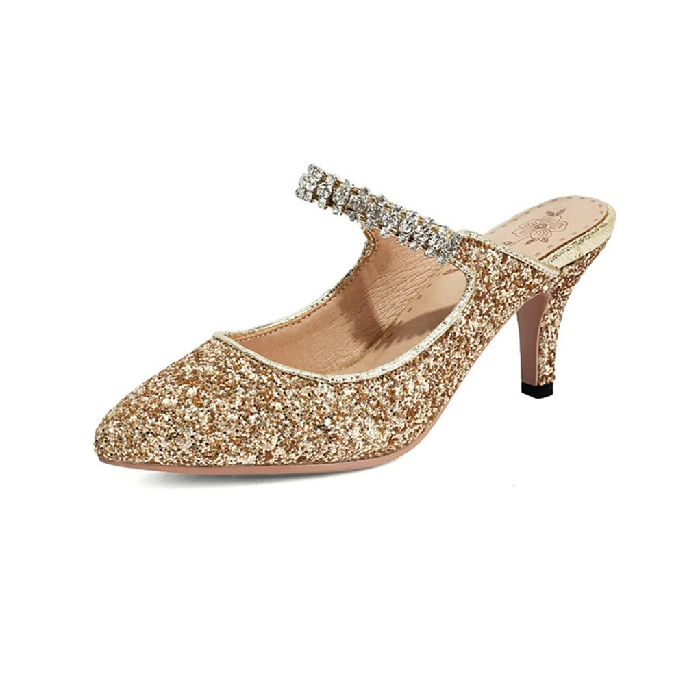 

Glitter Pointed Stiletto Mules Rhinestone Decor Backless High Heels Plus Size Max 48 Women's Sandals Party Evening Dress Shoes