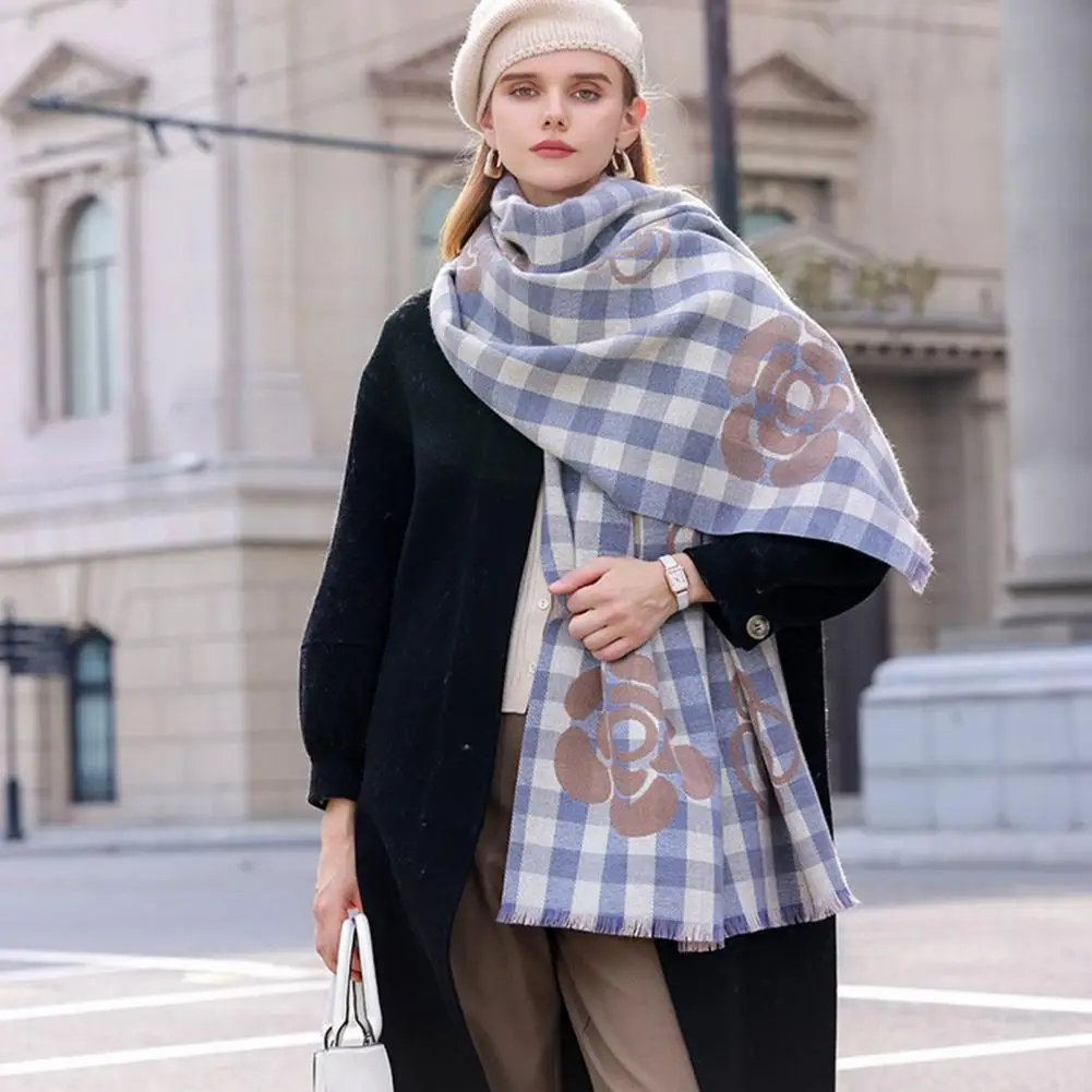 Women Winter Scarf Elegant Plaid Shawl Breathable Comfortable Large Warm Scarf Wrap with Tassels for Autumn