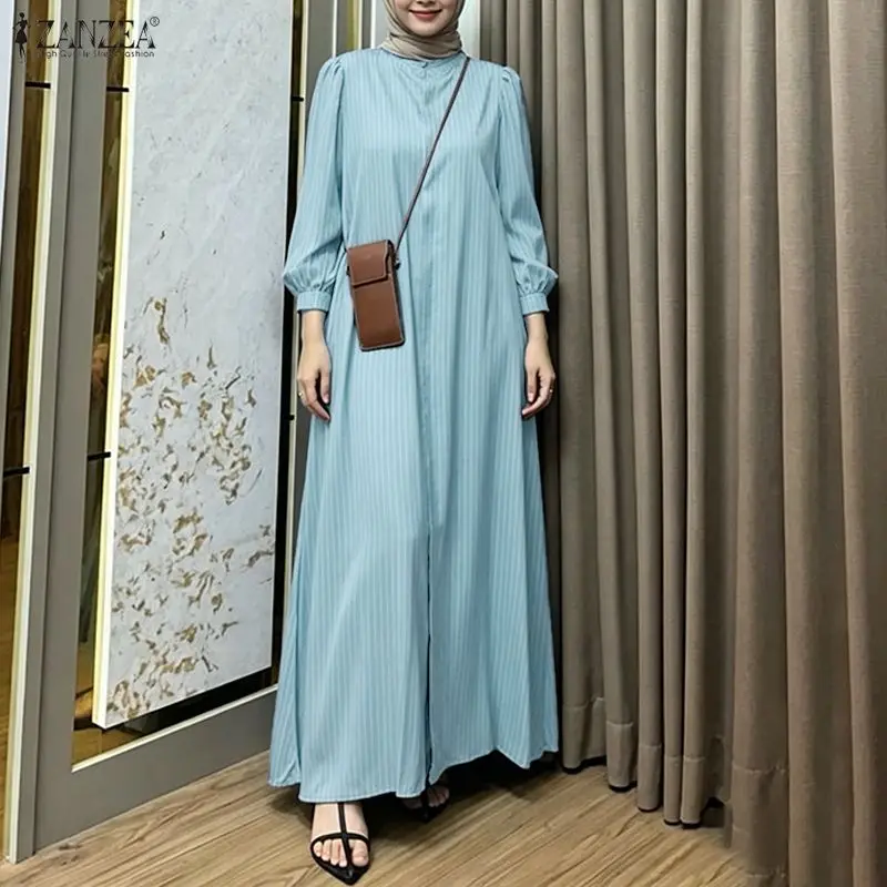 

Fashion Muslim Abaya Dress Hijab Dresses ZANZEA 2026 Summer Women O Neck Long Sleeve Striped Sundress IsIamic Robe Casual Kaftan