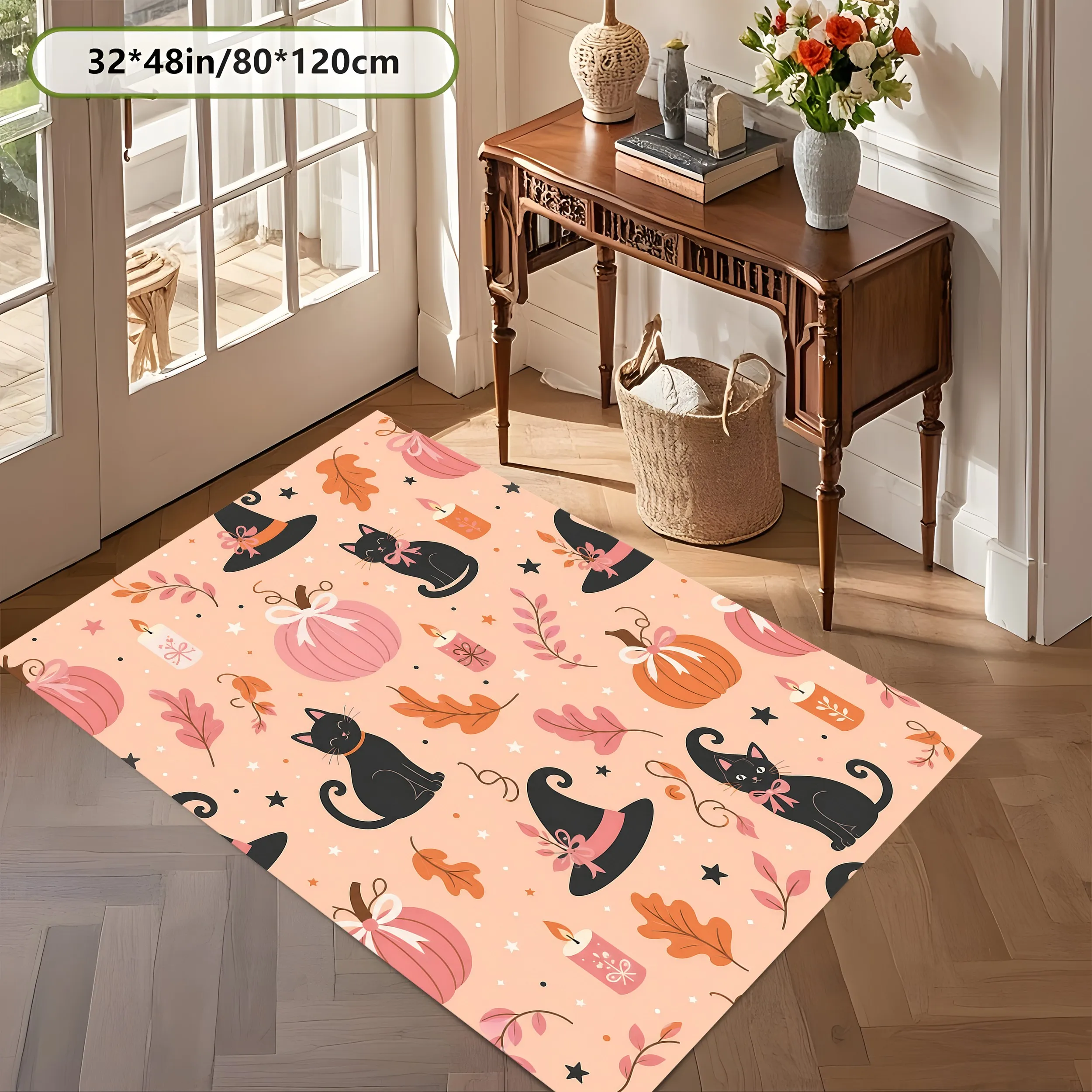 Large Area Rug Halloween Black Cat Pumpkin Wizard Hat Print Soft Velvet Living Room Bedroom Entryway Home Decor Area Rug