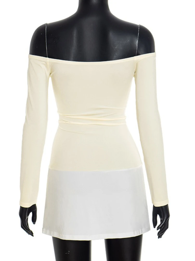 SsTss 2025 otoño fuera del hombro de manga larga Mini vestido ajustado mujeres moda Color Match Slash Neck recortado vestido ajustado de una pieza