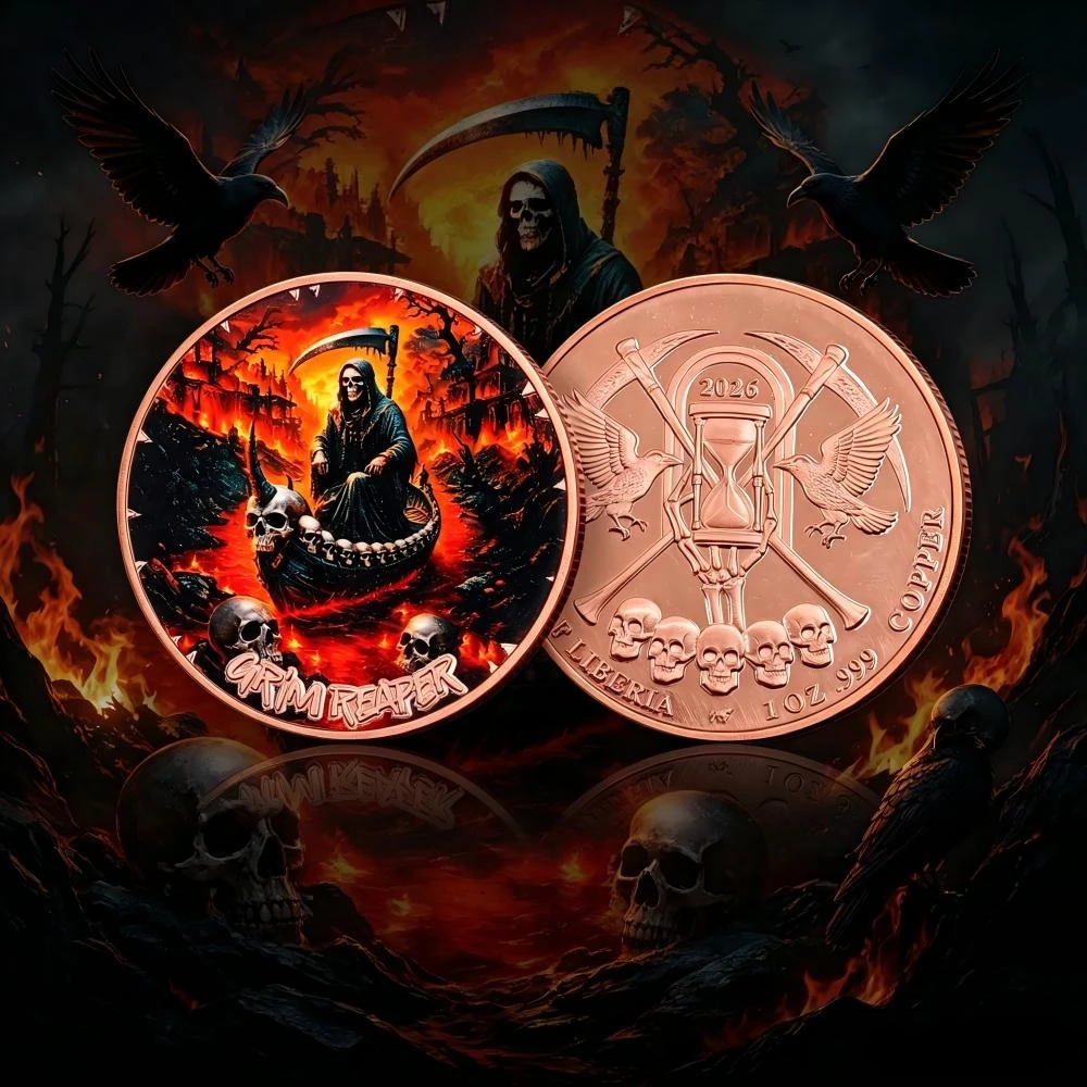 Dark Gothic Grim Reaper on Skull Boat 1oz 999 Fine Copper Coin Pure Copper Commemorative Souvenir Gifts DropShipping
