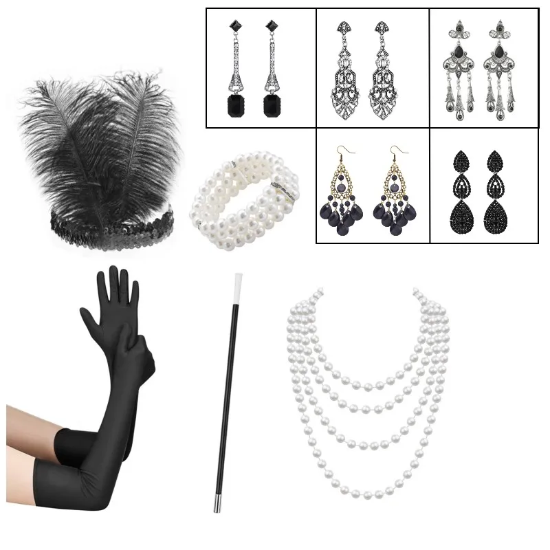 6pcs 1920 Gatsby Accessories Ball Party Christmas Halloween Set Hair Band Smoke Rod Gloves Earrings Necklace Bracelet