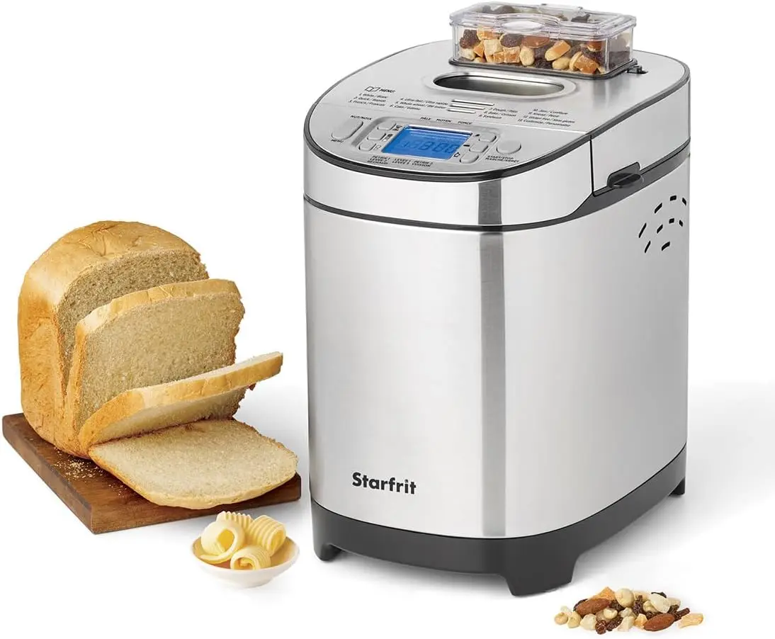 Electric Bread Maker - 2lb Loafs  Non Stick Removable Pan  Automatic Nut Dispenser 13 Preset Programs - 550W