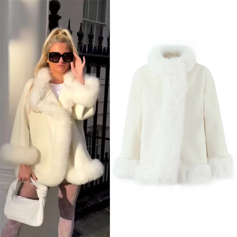 

Women's Coat 2025 Autumn New Style White Long-Sleeve Faux Fur Loose Coat Elegant and Stylish