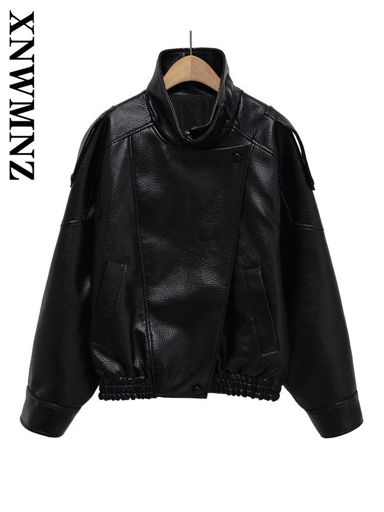 

XNWMNZ 2025 Autumn Lady Simple Commuting Stand Collar Imitation Leather Leather Jacket Casual Fashion Woman's Long Sleeve Jacket