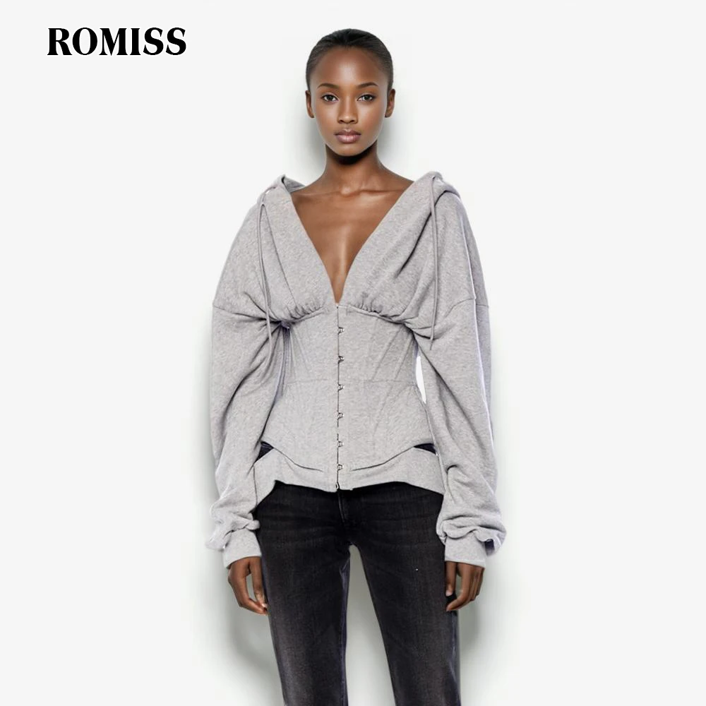 ROMISS Slim Gathered Waist Sweatshirt For Women V Neck Long Sleeve Solid Minimalist Blouses Female Autumn Clothing Fashion