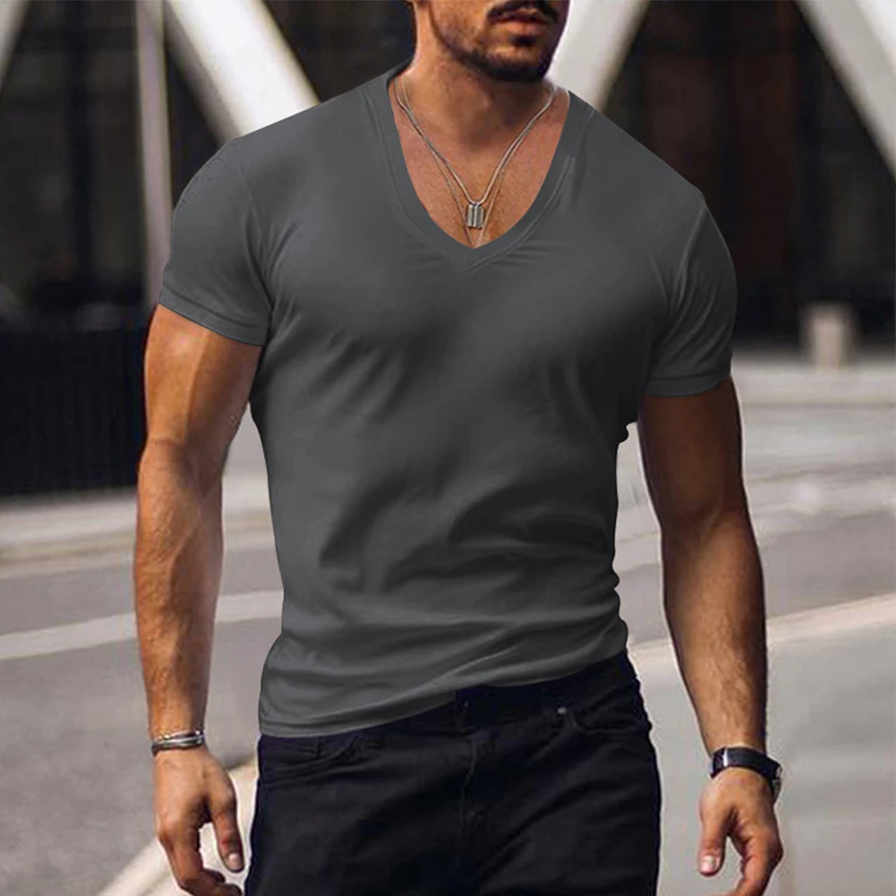 Hot Summer Popular Mens T Shirt Short Sleeve Muscle Tops V Neck Blouse Tees Fitness Bodybuilding Tshirt Elastic Black White Wine