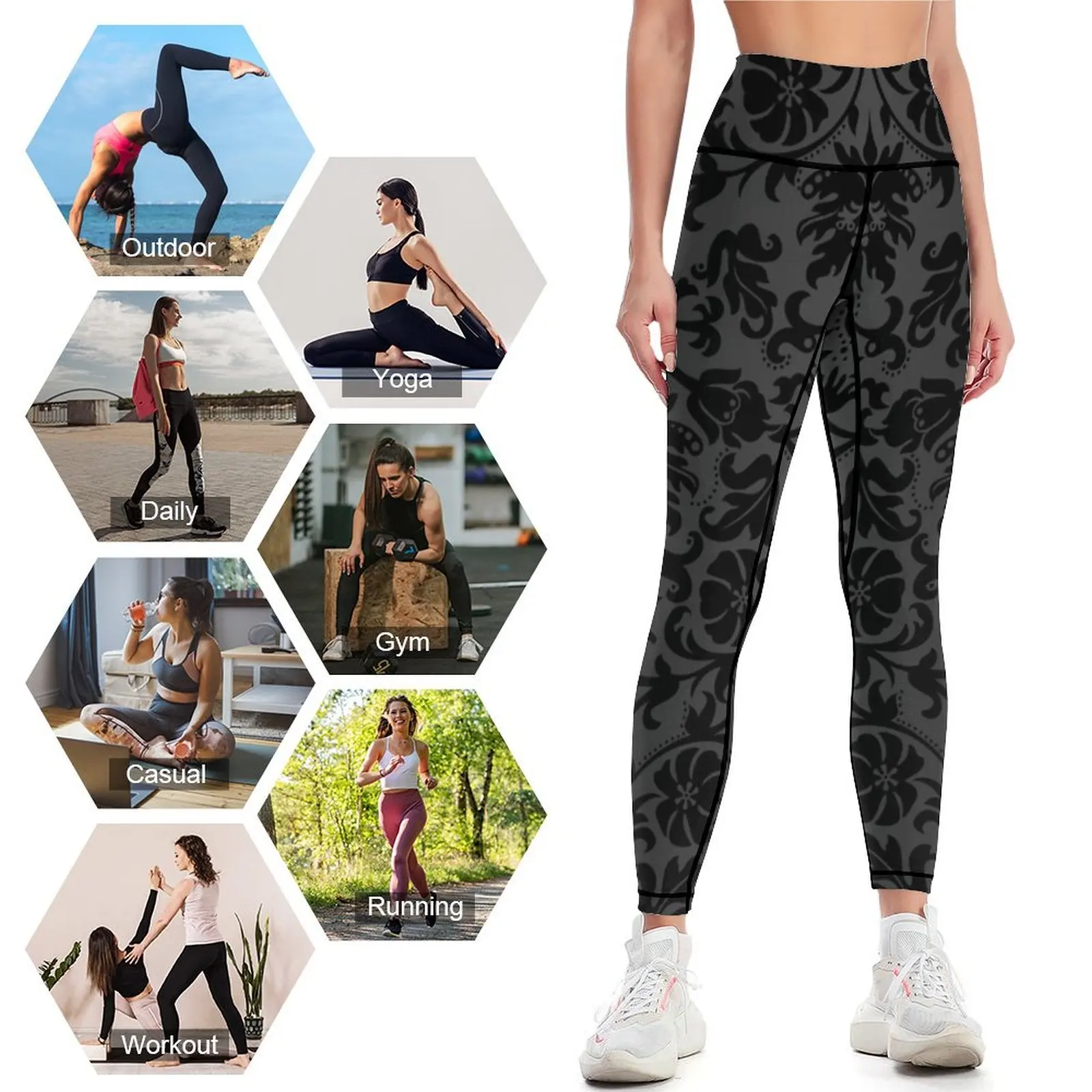 Leggings florais damasco para mulheres, roupas de treino, calças esportivas, leggings de ginástica, fitness, preto