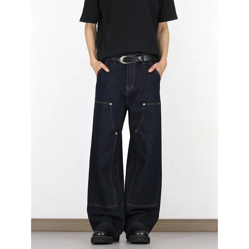 

Мужские свободные прямые джинсы в стиле ретро, темно-синий, оригинальный цвет, рабочая одежда, модные брендовые повседневные удобные прямые брюки...