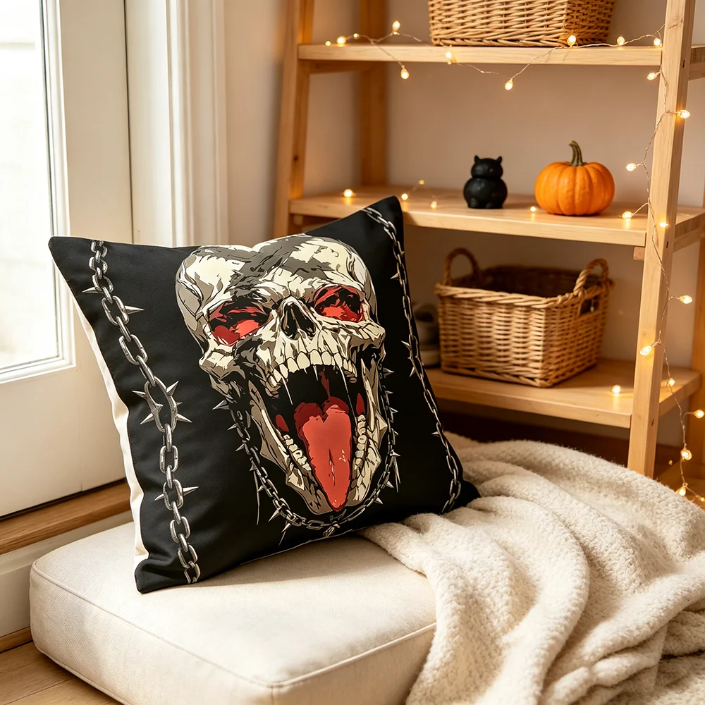 1PC Throw Pillow Cover,Screaming Skull Lightning Print,Halloween Gothic Style,For Sofa Bedroom Couch Home Decor