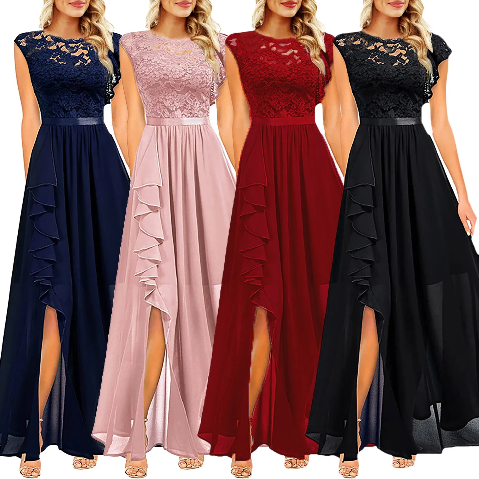 2024 Women\'s Elegant Long Maxi Dress High Waist Round Neck Party Wedding Fashion Dress Robe Vintage Spliced Lace Chiffon Dress