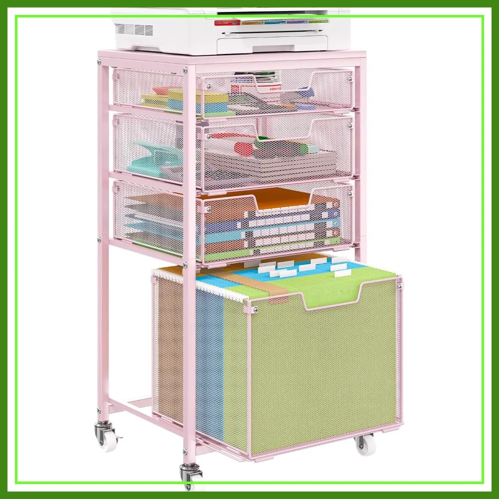 

4 Drawer Rolling File Cart Under Desk Storage, Mobile Filing Cabinet with Wheels, Hanging File Organizer, Utility Cart Printer Stand, Pink