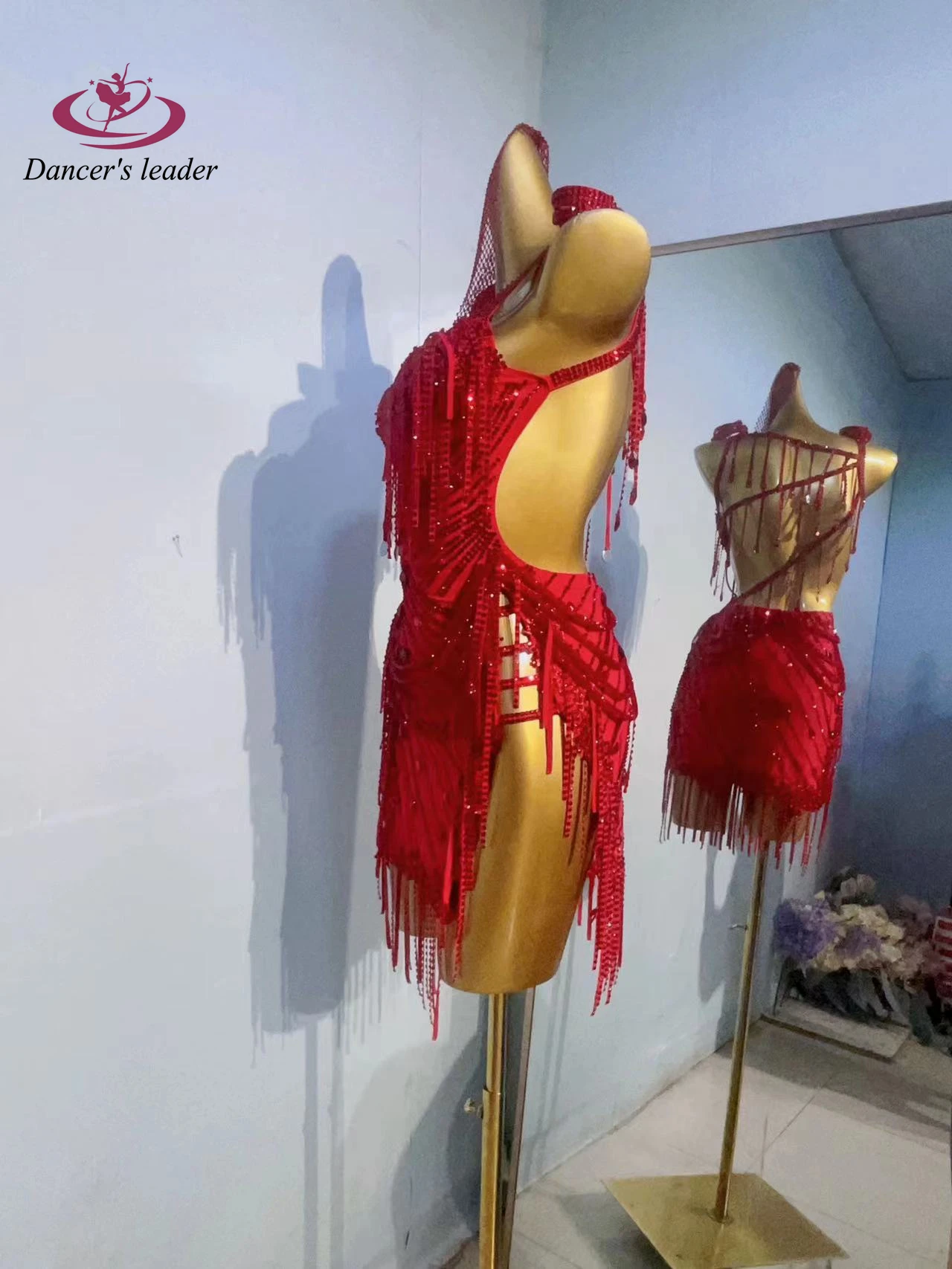 Robe de Costume de spectacle en strass pour femmes, haut de gamme, personnalisé, rouge, bretelles creuses, Samba, scène de danse latine