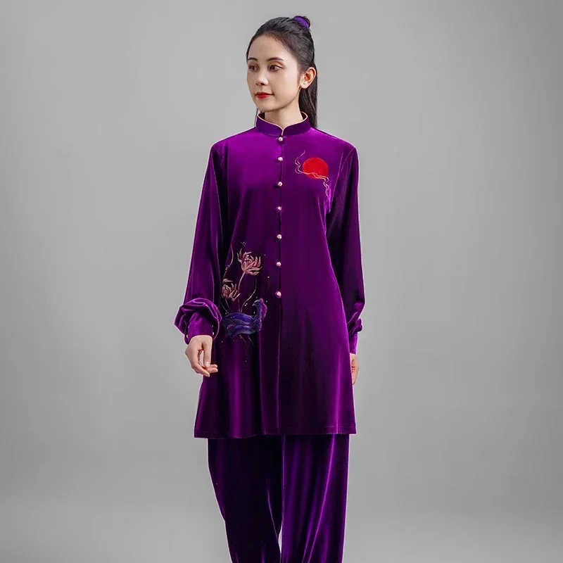 

Kun Master Thicken Velvet Taichi Uniform Elegant Winter Martial Arts Suit Embroidery Kung Fu Clothes Taiji for Women