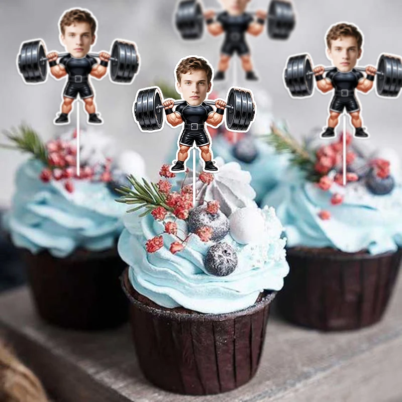 12/24Pcs Custom Photo Weightlifter Cupcake Toppers Personalized Funny Face Cupcake Picks Barbell Muscle Man Portrait Cake Decor