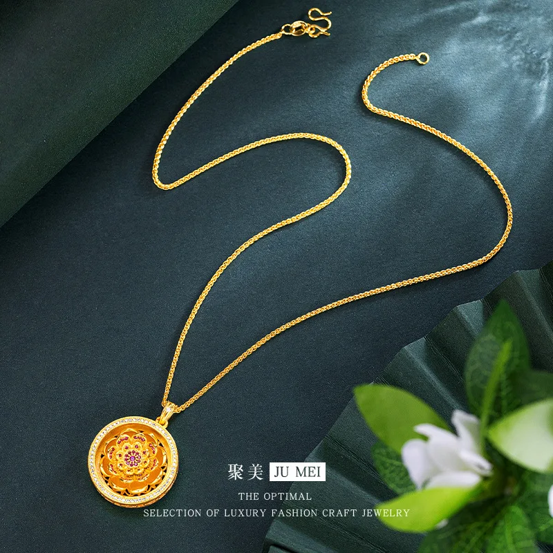 

Роскошный 9999 24-каратного настоящего золота с бриллиантами, компасом лотоса, полый кулон, женский ретро продвинутый вращающийся кулон-цепочка на ключицу