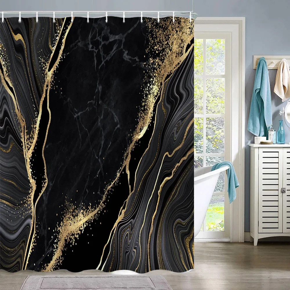 ม่านอาบน้ำลายหินอ่อนสีสันสดใสแบบแอบสแตรกต์ลายทางสีทองหยกม่วงศิลปะตกแต่งห้องน้ำหมึกแบบทันสมัย