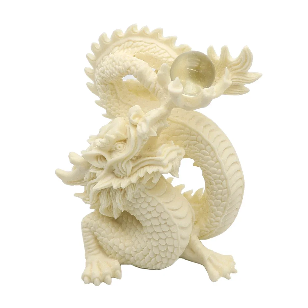 Dragon Statue White Hand Carved Disc Dragon Play Bead Sculpture Home Decoration