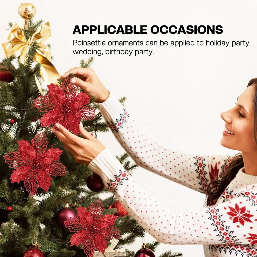 Christmas Poinsettia Flower Decor Poinsettia Artificial Christmas Flowers Decorations Glitter Xmas Tree Flower Ornaments