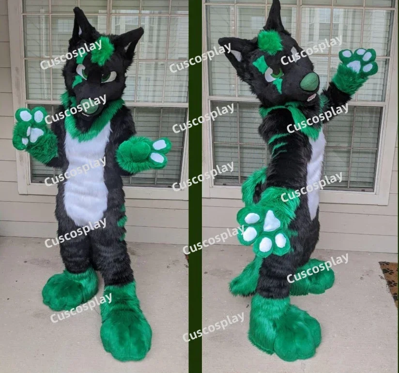 คริสต์มาสสีเขียวขนสัตว์ Fox สุนัข Husky Mascot เครื่องแต่งกาย Furry ชุด Fursuit ฮาโลวีนคริสต์มาสหมาป่า Cosplay Party Fursuit คอสเพลย์ A