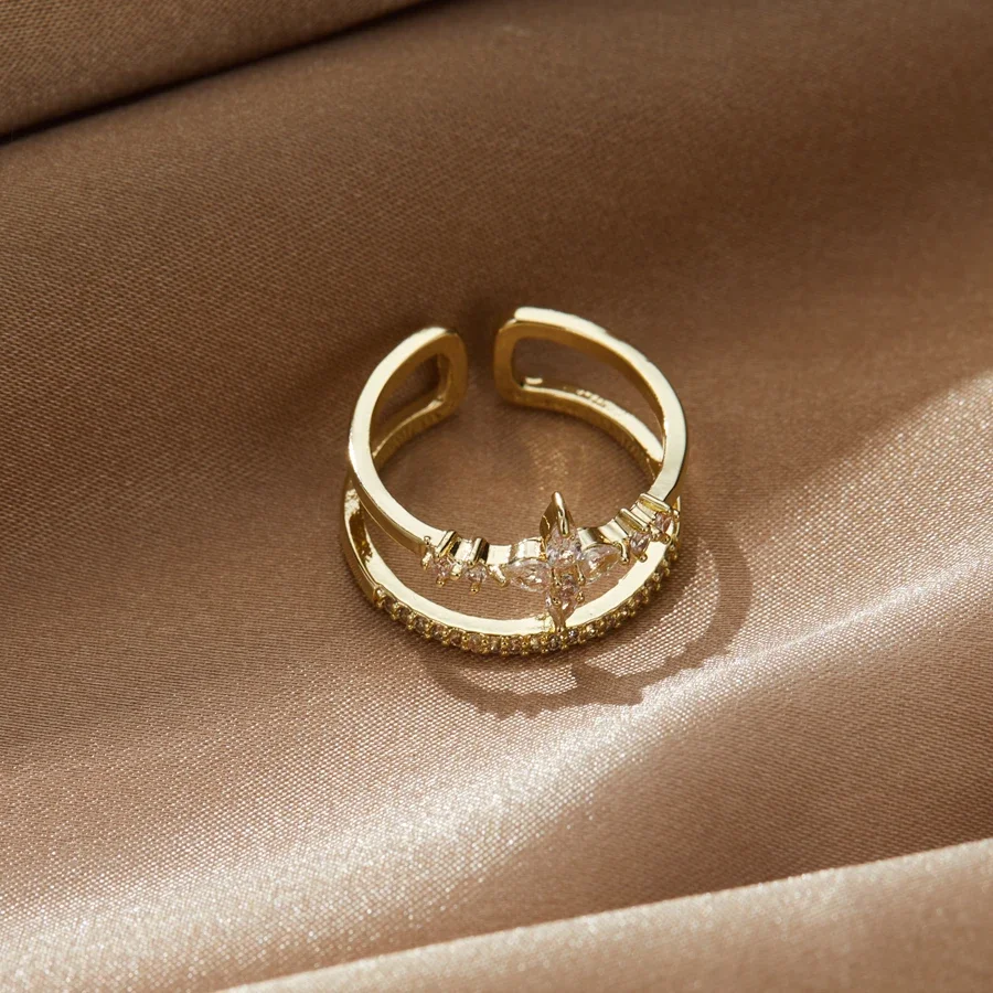 Zircon Double Crossed Shape Rings ForWomen Gold Plated Stainless Steel CrossRing Luxury Wedding Couple RingsAesthetic Jewerly