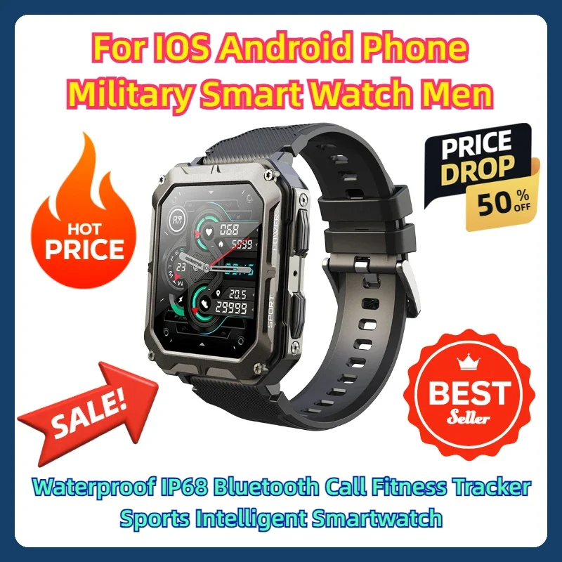 For IOS Android Phone Military Smart Watch Men Waterproof IP68 Bluetooth Call Fitness Tracker Sports Intelligent Smartwatch