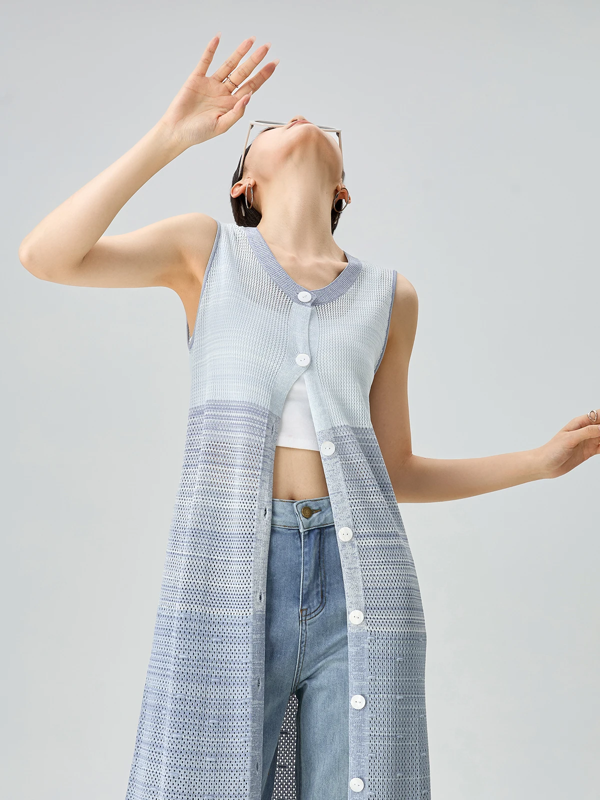 Blue adient Svel Knitted Vest Dr Women's Summer Faion l Waist Straight Tube Skirt U-Ne H-ape Midi Dr