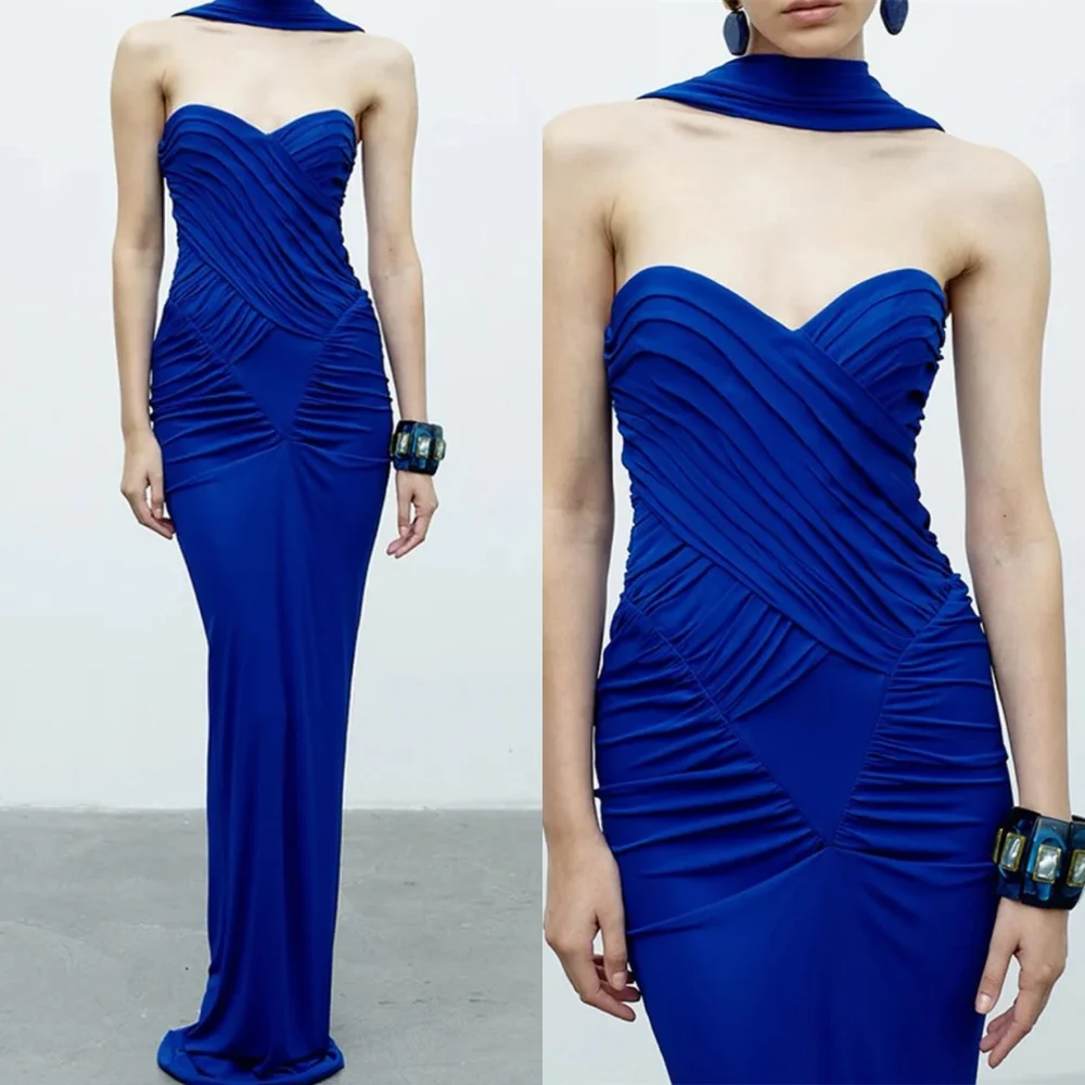 Customized Fashion  Blue Jersey Homecoming Dress Exquisite Strapless Ruched Mermaid Zipper Back Customized  Vestido De Festa