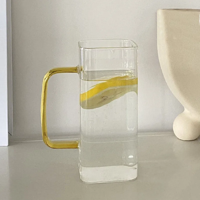 375ml Square Glass Mug Breakfast Milk Cup Transparent Beer Coffee Beer Drinkware Glass with Handle Simplicity Household Tumblers