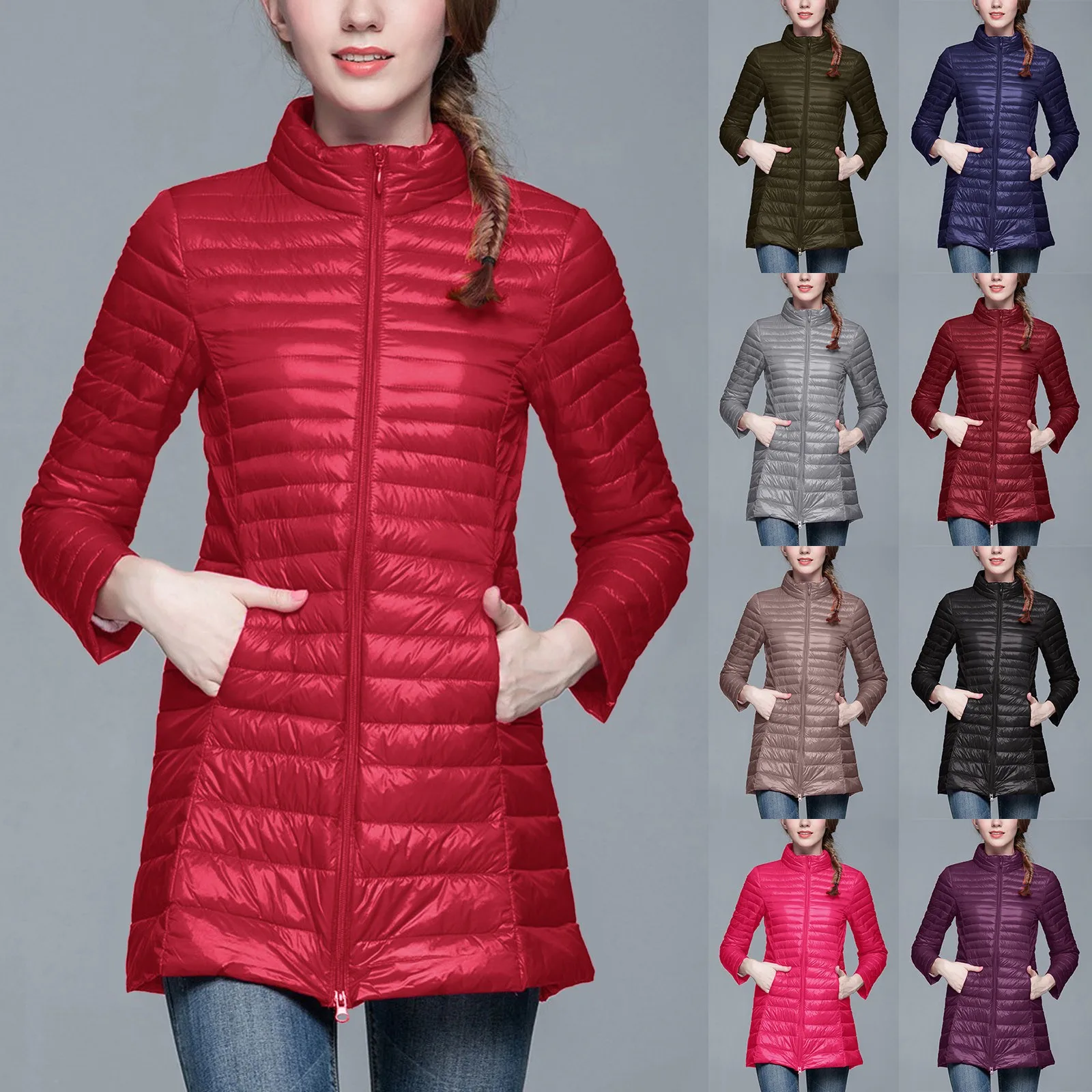 Winter Womens Down Jackets Long Ultra Light Thin Casual Coat Puffer Jacket Slim Hat Detachable Hooded Parka Portable Outwear