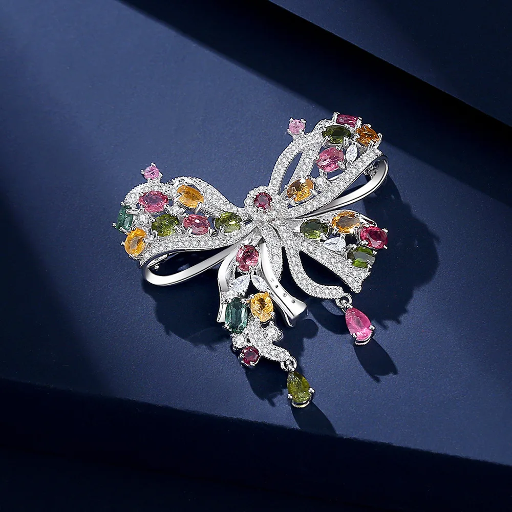 

S925 Sterling Silver Brooch with Natural Tourmaline Delicate Bow Design Set with Natural Gemstones
