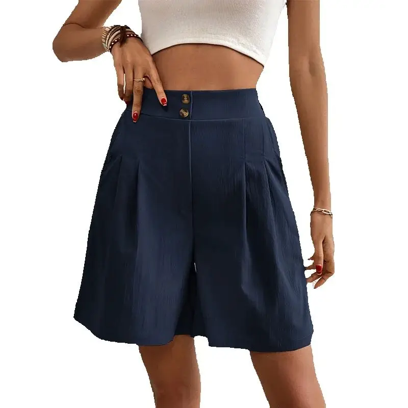 

2025 Summer casual Women Solid Color Double Button High Waisted Comfortable Straight Cylinder Fashion Loose Multicolor Shorts