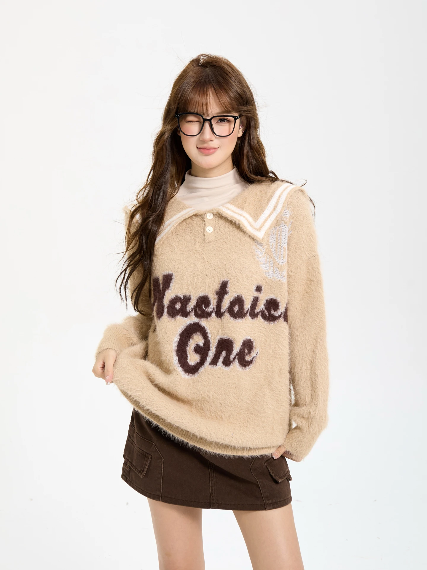 

7KEEWEN Осенне-зимний мягкий уютный вязаный свитер с воротником-стойкой, женский повседневный свитер с вышивкой букв, уличный стиль, свободный крой