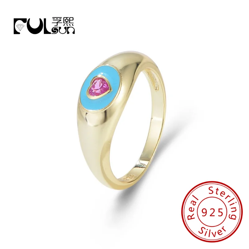 

fulsun 925 silver love Finger Ring Sterling Silver s925 Gold Plated Ruby Zirconia Heart Enamel Signet Ring for Elegant Women