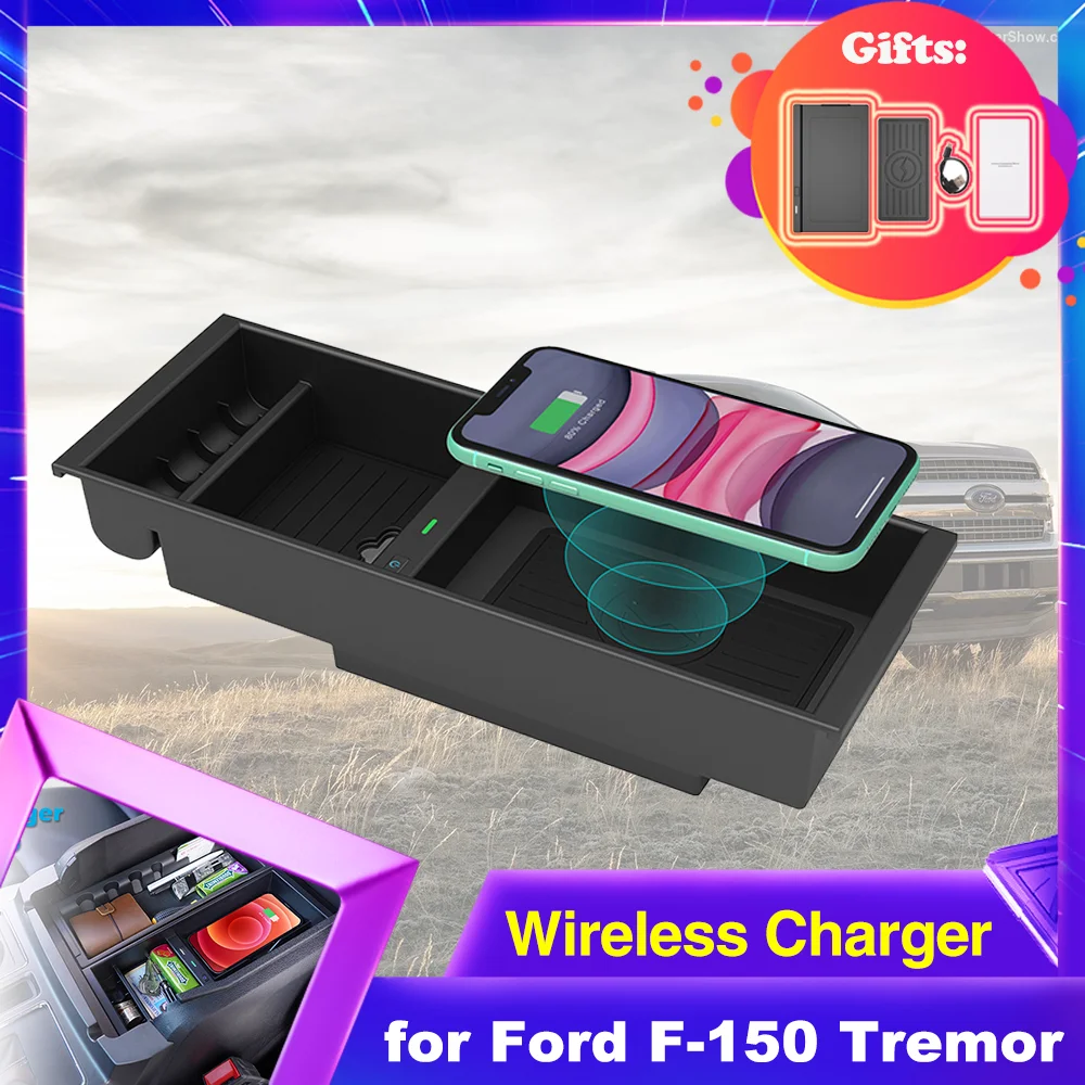 

Car Wireles Charging Pad for Ford F-150 F150 Tremor Raptor Lobo 2014~2023 2015 2016 Armrest Storage Box Phone Fast Charger Plate