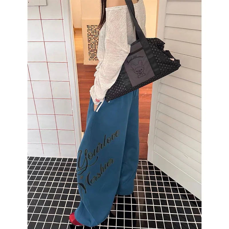 سراويل نسائية رمادية فضفاضة المظلة الخريف Sweatpants مع شريط مرن Harajuku اليابانية 2000s نمط Y2k خمر بنطلون الملابس