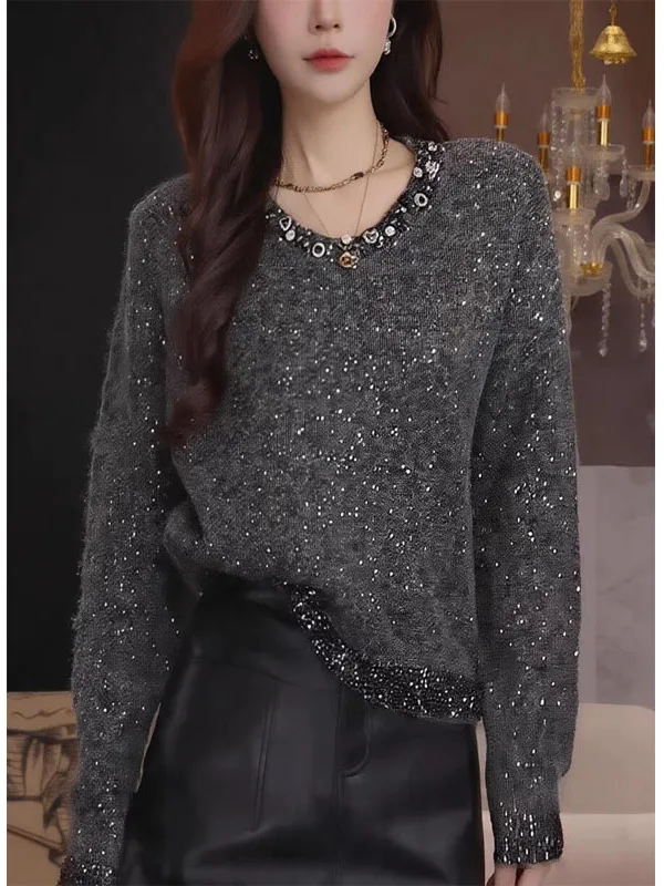 

Свободный длинный свитер с V-образным вырезом и пайетками для женщин, модный вязаный топ, удобный, средней плотности, в корейском стиле, для повседневной носки