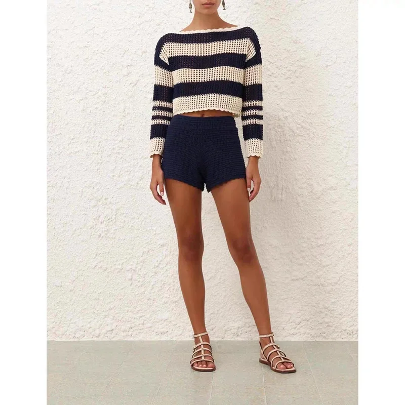 

Cotton 2025 High Quality Beige Blue Classic Knit Long Sleeve Women Pullover Tops and Shorts Set Casual Outfit