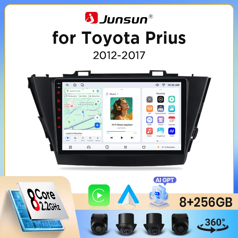 Junsun Wireless CarPlay Android Auto Autoradio für Toyota Prius+ (ZVW40) 2011-2021 mit integriertem Lüfter, Android GPS-Navigation, Multimedia-Player, WiFi, DSP, RDS, BT, SWC, IPS-Touchscreen,